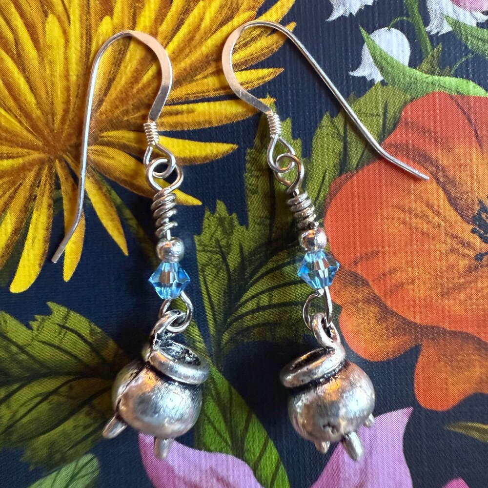 Handmade Earring Set Blue Crystal Witch Water Whimsy & Sterling Silver Cauldron